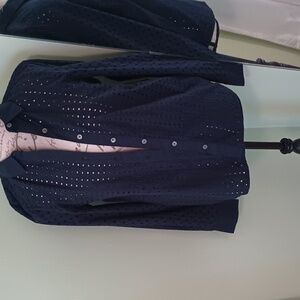 Navy Blue Eyelet Button Up Blouse Sz S Feminine Airy Neutral Casual Dressy